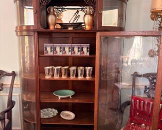 Antique Victorian Curved Glass China Cabinet Carved Crown Top Oak Display Curio with Shelves Furniture