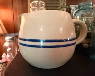 White Stoneware Bean Pot Crock Blue Stripe Band Handle Antique Farmhouse Kitchen Pottery Vintage Country