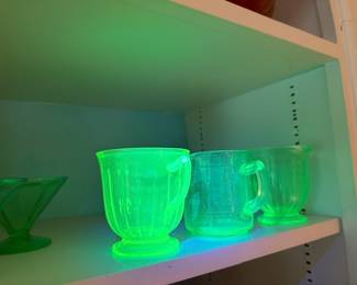 Uranium Vaseline Glass Collection Pitcher Cups Glowing Green UV Light Depression Glass