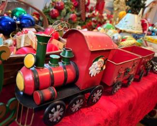 Vintage Red Metal Christmas Train Santa Engineer Loaded with Presents Holiday Decoration Table Display Collectible