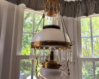 Antique Victorian Hanging Oil Lamp Chandelier White Glass Globe Brass Frame Crystal Prism Drops Parlor Lighting