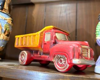 Vintage Pressed Steel Toy Dump Truck Red Yellow Metal Toy Vehicle Antique Children Toy Collectible Mid Century