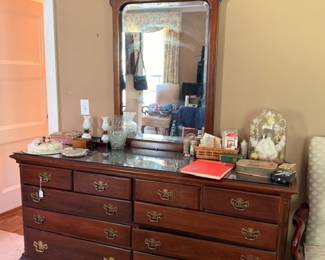 Cherry Wood Dresser with Mirror Brass Hardware Multiple Drawers Traditional Bedroom Furniture Collectibles Decor Vintage Estate Furniture