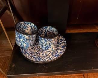 Blue White Spongeware Enamelware Graniteware Cups Bowl Splatterware Antique Kitchen Farmhouse Primitive Collectible Vintage Agateware