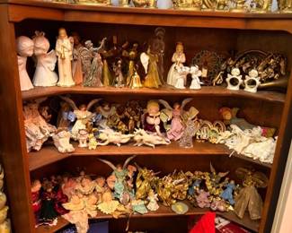 Figurine Collection Bookshelf Nativity Set Angel Figurines Cherub Figures Religious Statues Ceramic Porcelain Decorative Estate Lot Collectible