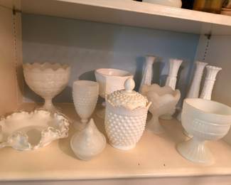 Milk Glass Hobnail Collection Goblets Vases Compotes Ruffled Edge Bowls Vintage White Glassware