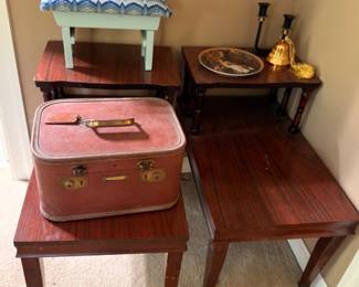 Vintage Pink Suitcase Luggage Wood Bench Table Upholstered Footstool Side Table Brass Lamp Hallway Decor Retro Travel Collectible Estate