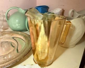 Carnival Glass Iridescent Amber Pitcher Jadeite Green Pitcher Glass Serving Plate Vintage Kitchen Collectible