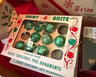 Shiny Brite Glass Christmas Tree Ornaments Original Box Green Glass Ball Ornaments American Made Vintage Holiday Collectible