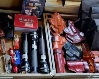Knives, flashlights, holsters and gear. 