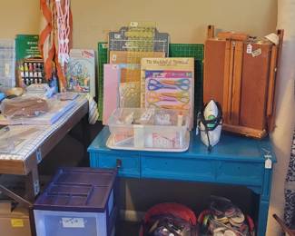 Sewing tables and accessories. Wooden artists easel. 