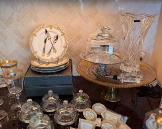 Waterford Marquis crystal vase, Henriette silverware appetizer/dessert plates in the style of Limoges, individual butter dishes