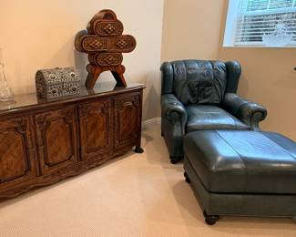 Beacon Hill green leather chair and ottoman