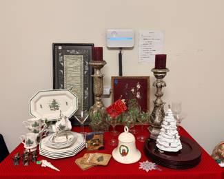 Large lot of Nikko Christmastime dishes, Dept. 56 advent tree, hand painted goblets