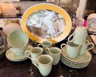 William Sonoma Spring Bunny platter, Harry and David sage dishes