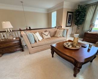 ART Furniture Old World Collection rattan coffee table and Knole sofa