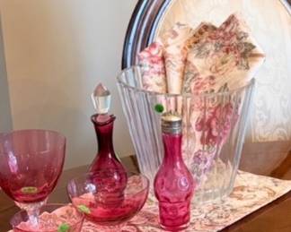 George Borgfeldt Lisa cranberry ice stemware, Imperial crystal ice bucket