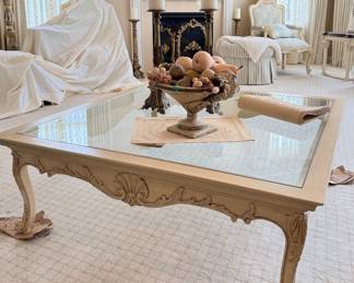 Henredon style cream/pickled French Provincial coffee table with glass top