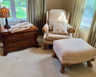 Hickory Manufacturing Company French provincial Louis XV walnut Bombay chests, Baker Furniture style Louis XV oversized fauteuil chairs and ottoman