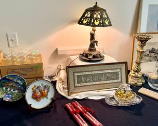 slag glass lamp, framed embroidered silk