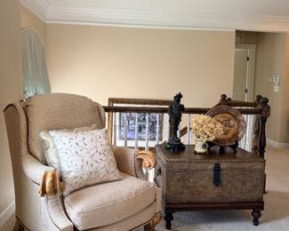 Ralph Lauren Dalton style leather and nailhead coffee table, Baker Furniture style Louis XV oversized fauteuil chairs and ottoman