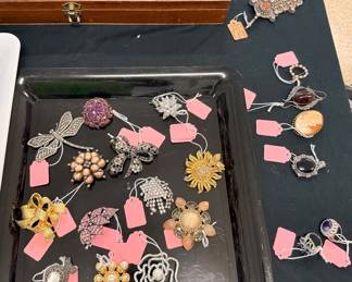Home owner jewelry pink tagged including sterling silver, gold filled, gold plated, amber, onyx, and cameo