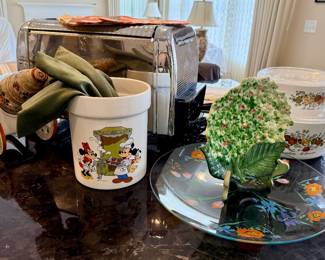 Vintage Dorothy Thorpe style platter, Vintage Mickey and Minnie cookie jar