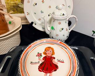 Anthropologie Nathalie Lete Francophile Bon Jour plate, Villeroy & Boch Petit Fleur pattern teapot and plate