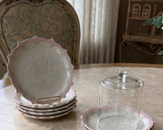 Retired Anthropologie laced dishes with red trim