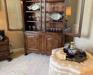 French provincial walnut China cabinet, Louis Weston cobalt footed stemware