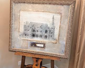 Carved wood easel and framed hunting lodge print signed Kennedy