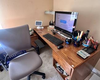 desk and office chair, office furniture, computer, computer keyboard