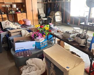 garage tools, patio, seasonal decor, tables, chairs, cabinets