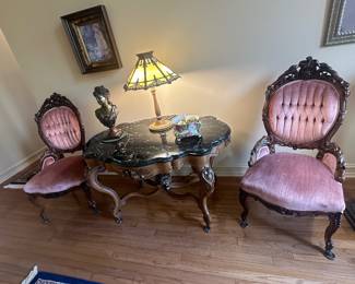 $150 ea 2 Pink Victorian 43x22 $1500 GORGEOUS Black marble top  Rocco Carved Console Table