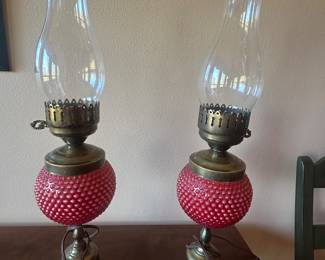 $300 Set 2 Cranberry Hobnail Lamps 23.5” T  