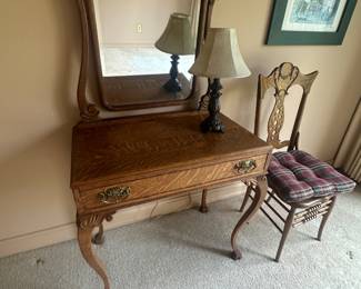 Antique Tiger Oak Vanity $495  Lamp $25 Chair $50 