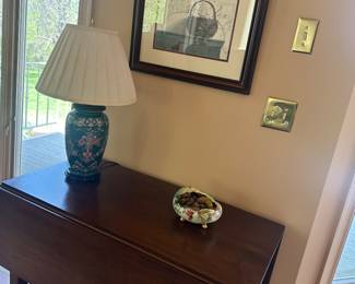 $495 Antique Drop leaf Table $65 Cloisonne Style Lamp $20 Basket Picture 