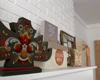 Hand painted objects and commercial boxes.