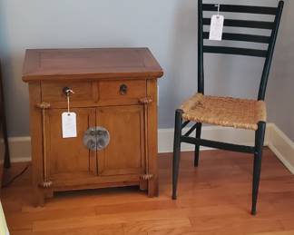 Late 1880's Antique Chinese Elmwood Bedside Chest from Ningbo China. Sourced from Golden Triangle in Chicago, Illinois.  MCM  Gio Ponti Italian Ladderback Chair with woven rope seat.
