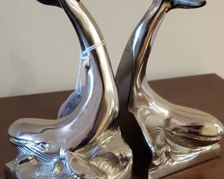 Pair of Vintage Brushed Nickel Whale Bookends by P.M. Craftsman