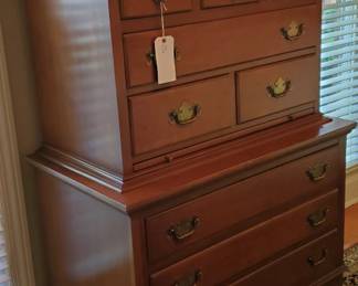 Mid Century Solid Cherry Chest on Chest with Pull Out Shelf in the style of Ethan Allen