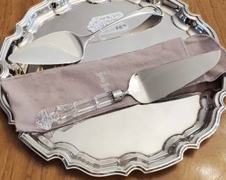 Dansk and Signed Waterford (Lismore) Servers displayed on a Wallace Tray 