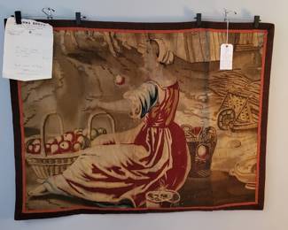 Antique Flemish Tapestry Fragment "Lady Selling Apples".  Per acquisition document, is 17th Century. 