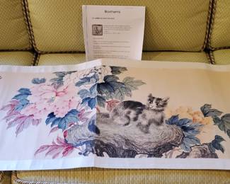 Mid Century, 1966 Chinese Painting on Silk "Cat in the Peonies" sealed Puzhu