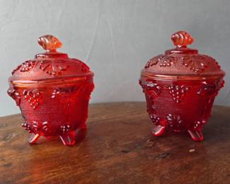 234 2JeanetteHarvestGrapeAmberinaRedGlassFootedCandyDishes