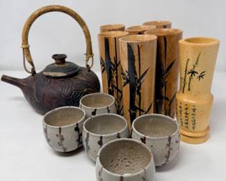 251 HandCraftedPotteryTeapotCupsBambooDrinkware