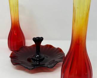 208 JeannetteAmberinaVasesRubyRedAnchorHockingTidbitTray