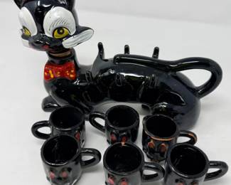 286 VintageBlackCatDecanterSetWithKittenCups