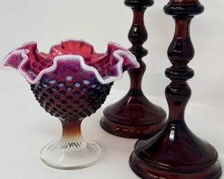 167 DeepPurpleFentonHobnailPedestalBowlGlassCandlesticks