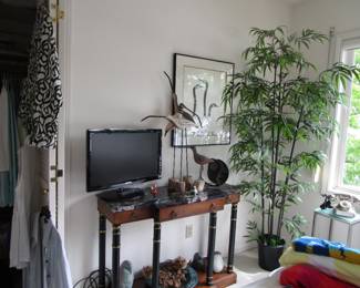 Marble top table, small tv, plant, table and more